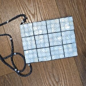 WHITE AND BLUE MOTHER OF PEARL TILE BEADED CROSSBODY.. #6760